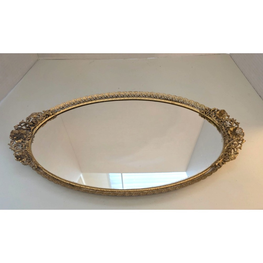 Gold Filigree Vintage Oval Mirrored Vanity Tray  SZ 17 in / 9 in